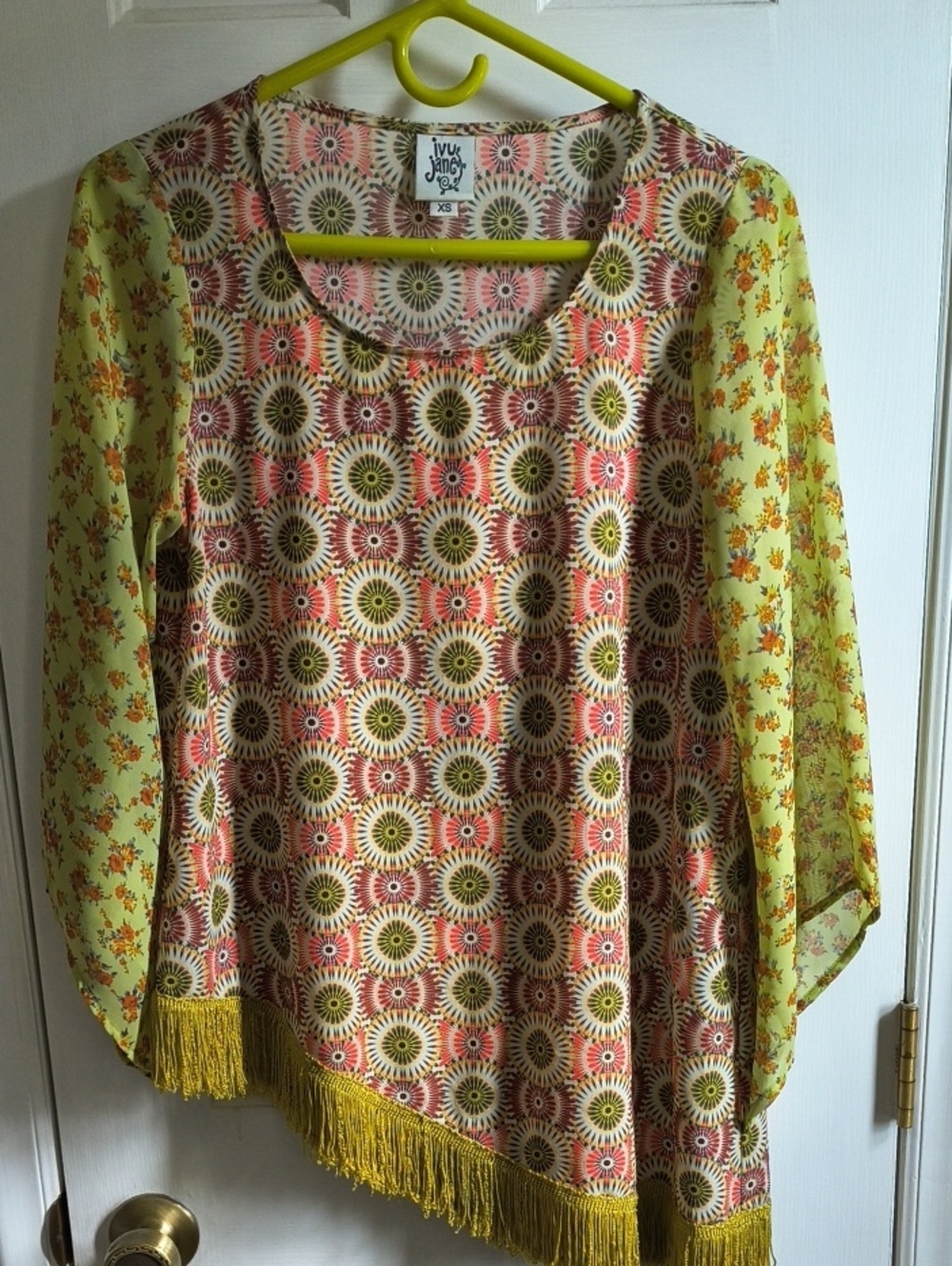 Ivy Jane Yellow Patterned Fringe Boho Top